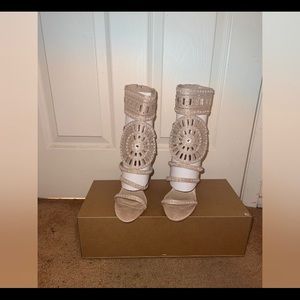 Beige stiletto with pearl and rhinestone accents